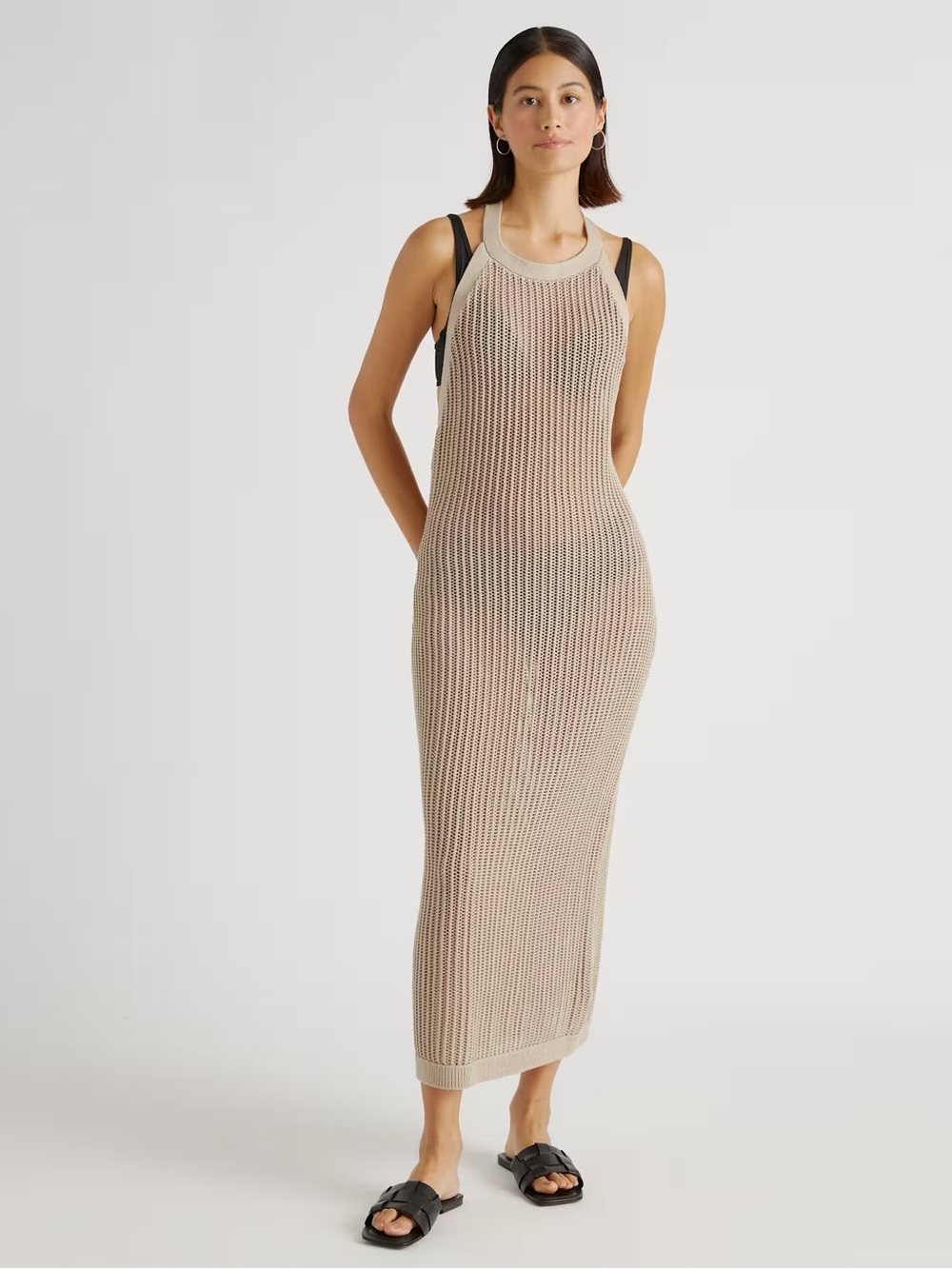 Quince Organic Cotton Open Knit Cover-Up Maxi  Dress Halter Neck Open-Back Chic